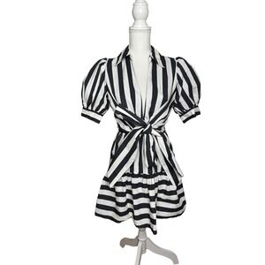 black mixed stripes short sleeve mini dress Farm Rio Black Colored Stripes Short Sleeve Mini Dress Mixed Stripes Short- Sleeve Bow Mini Dress